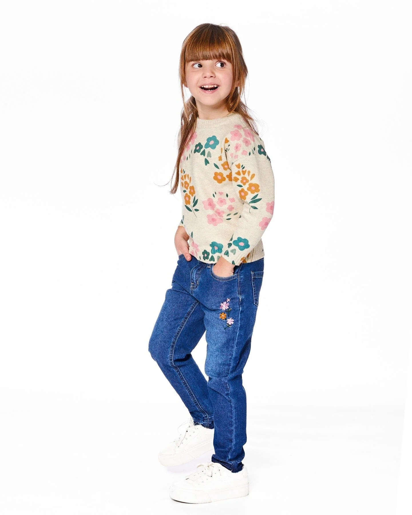 Jeans Blue Denim With Frayed Hems And Floral Embroideries