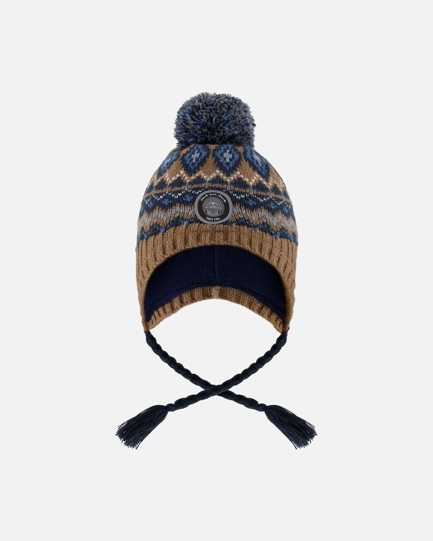 Lined Peruvian Knit Pompom Hat Taupe And Navy