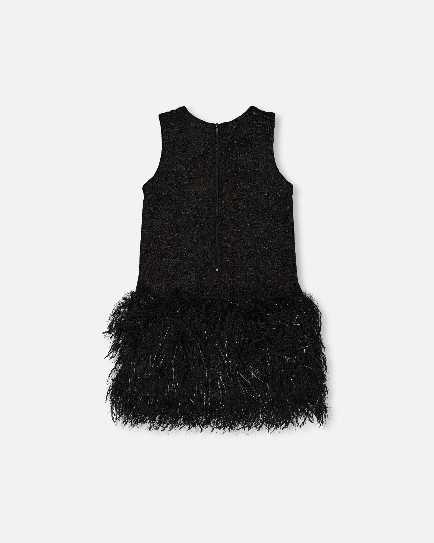 Sleeveless Bi-Material Lurex Dress With Feathers Black