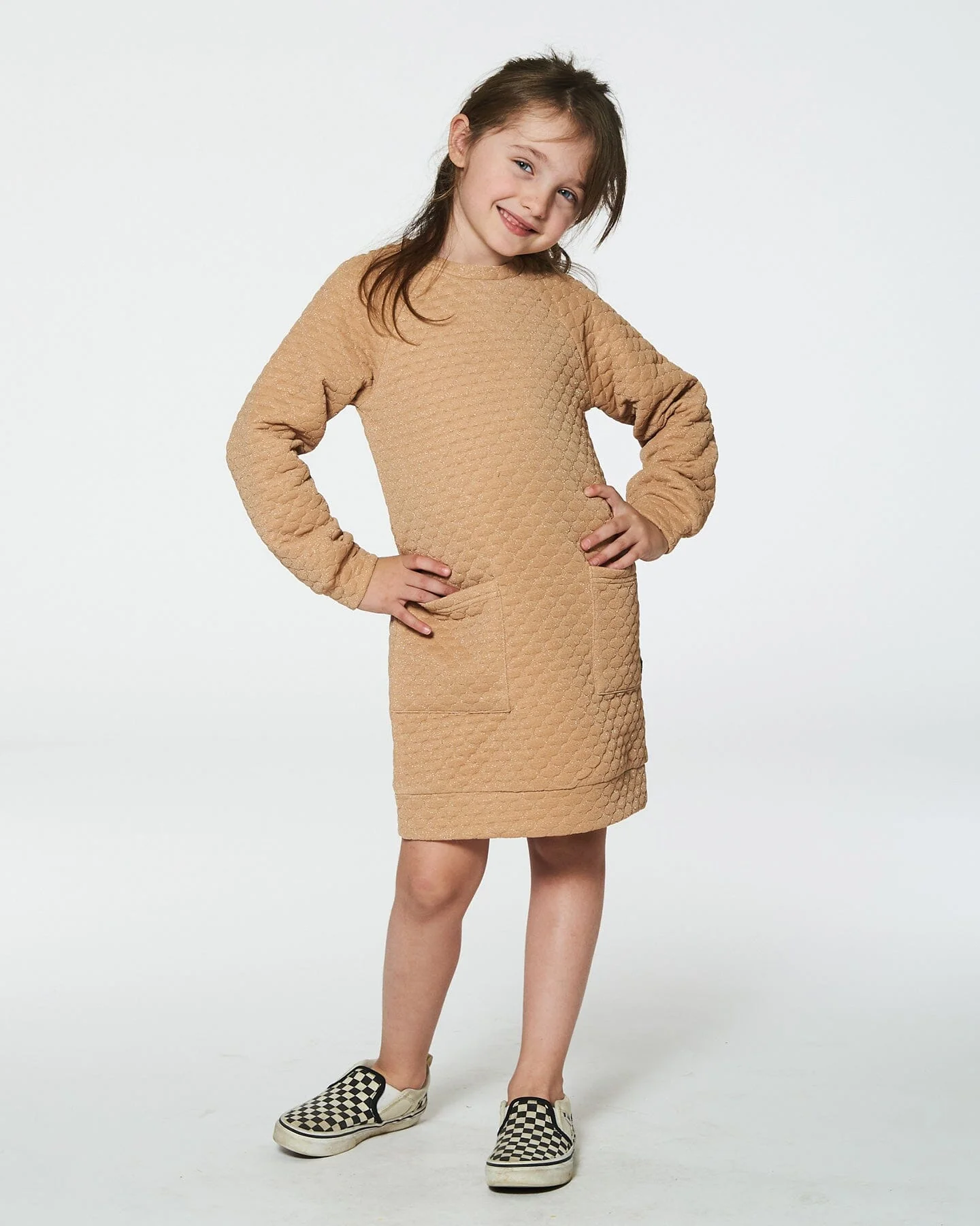 Long Sleeve Shiny Quilted Dress With Pocket Golden Brown