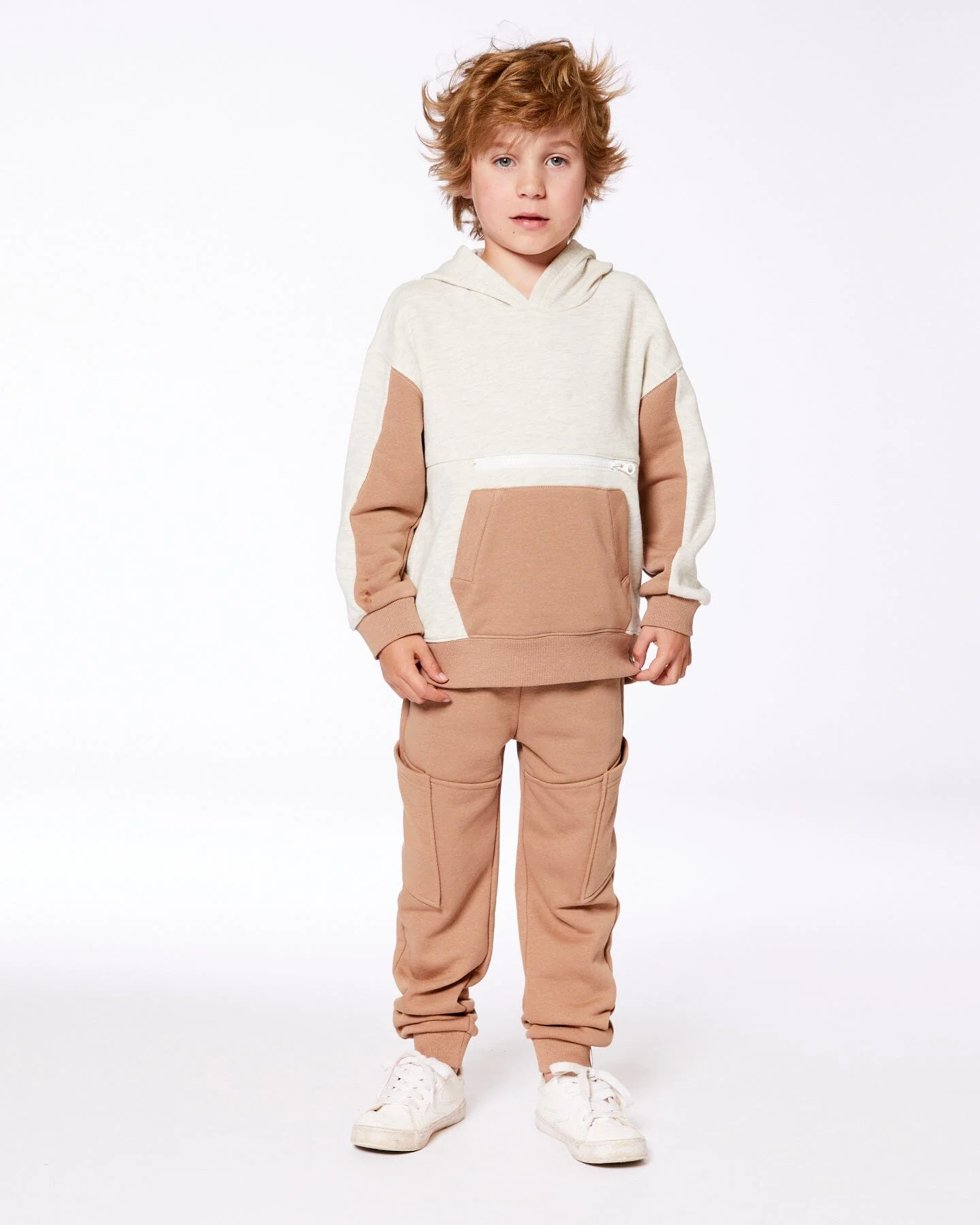French Terry Color Block Pullover Hoodie Sweatshirt Beige And Off-White