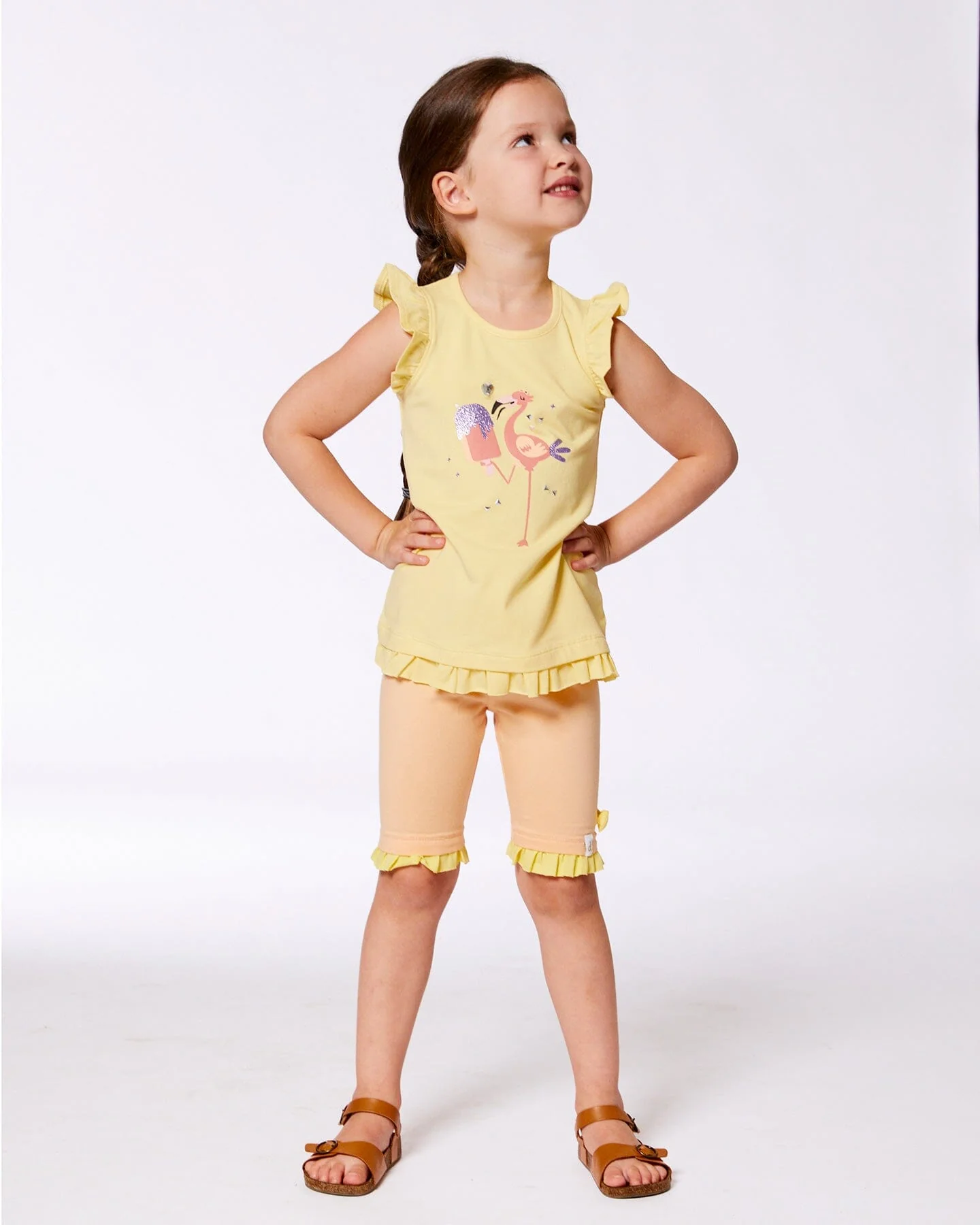 Organic Cotton Tunic With Frill And Print Yellow And Flamingo