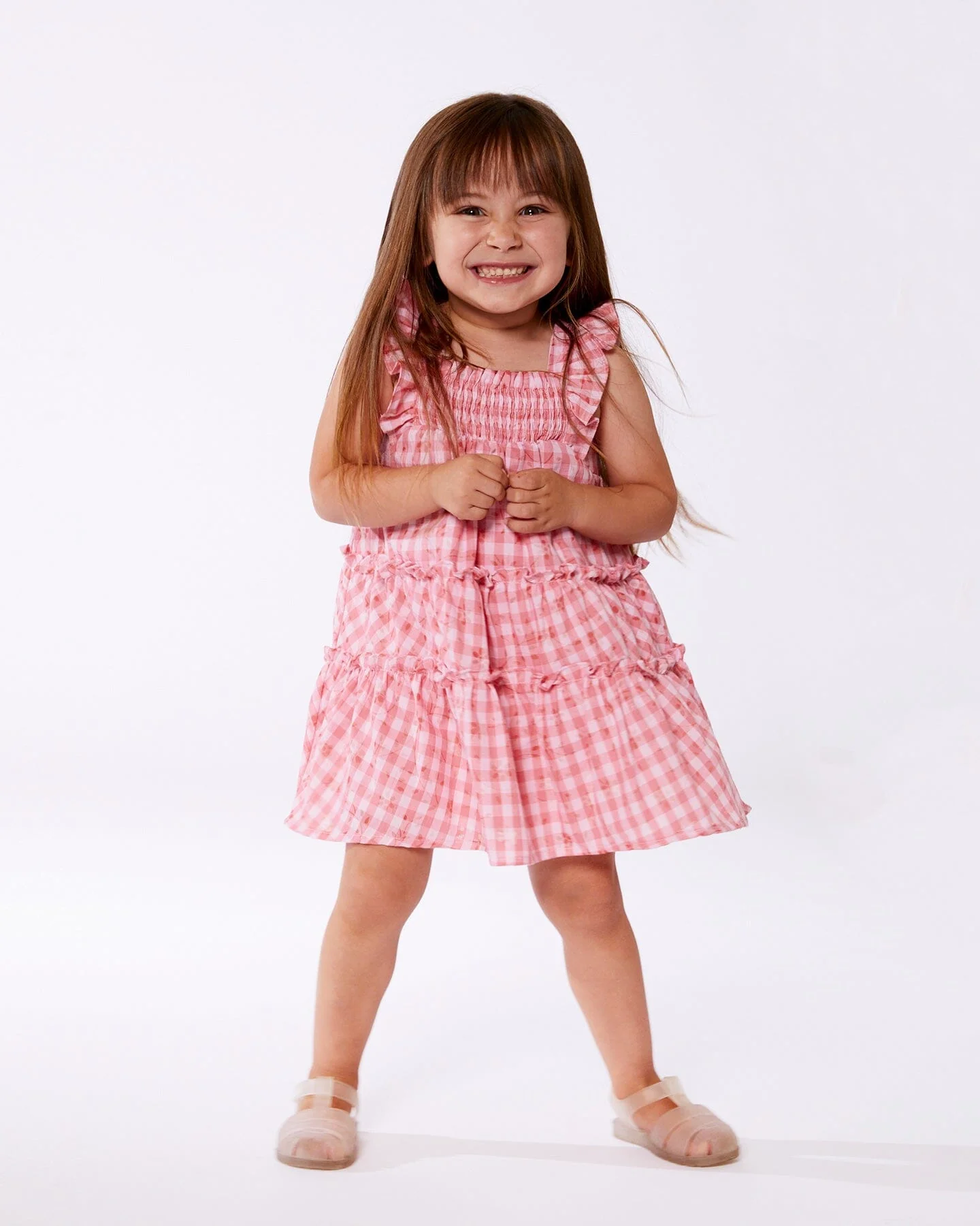 Smocked Layered Dress With Frill Sleeve Checked Pink