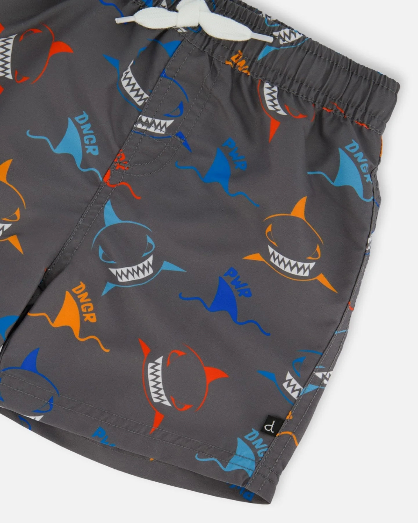 Printed Boardshorts Orange, Red, And Blue Sharks On Gray