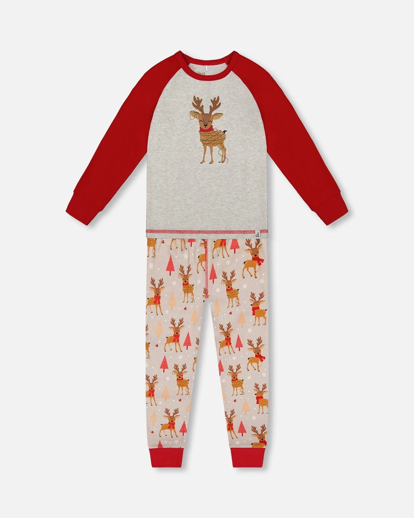 Two-Piece Organic Cotton Pajama Set Beige Reindeer Print