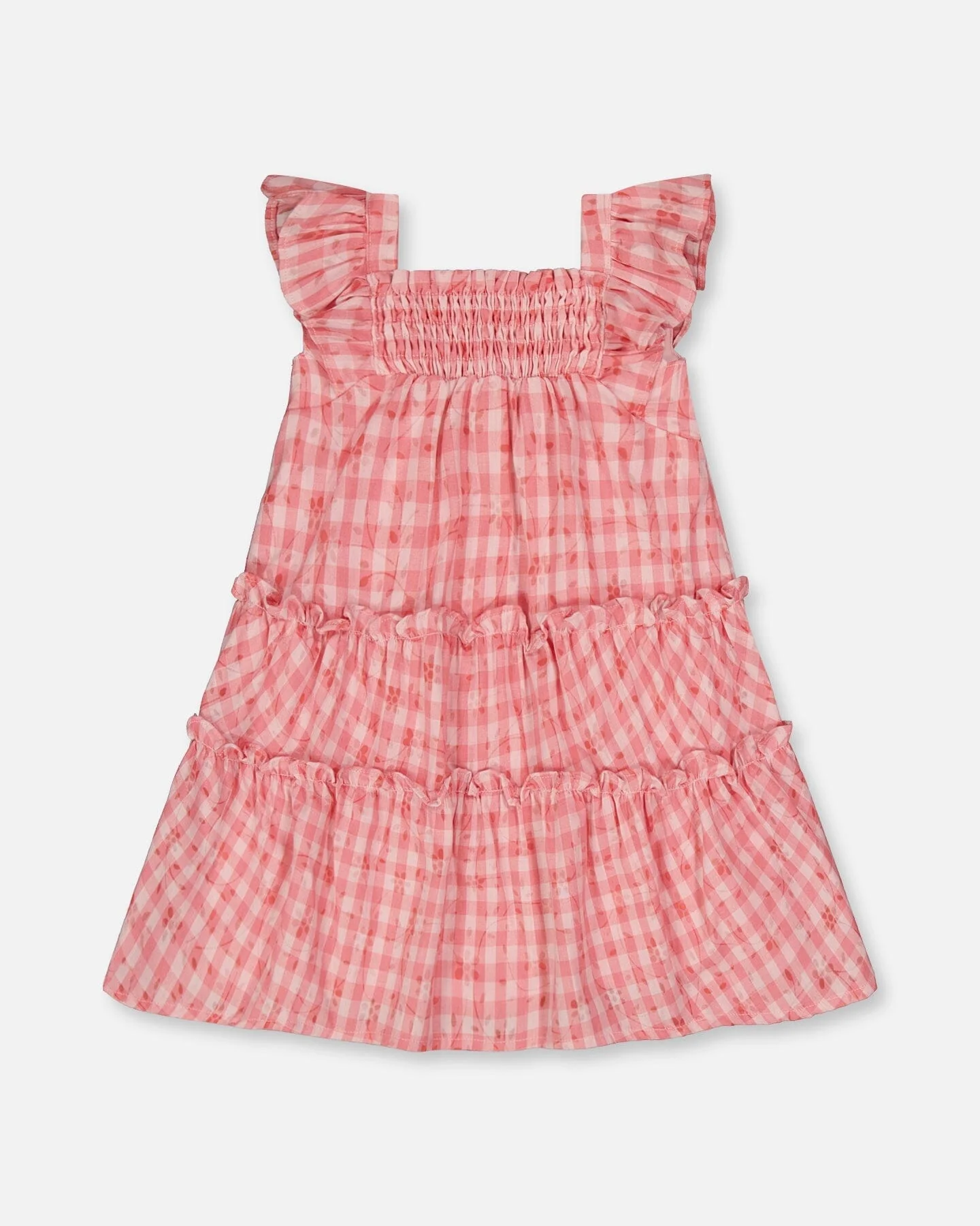 Smocked Layered Dress With Frill Sleeve Checked Pink