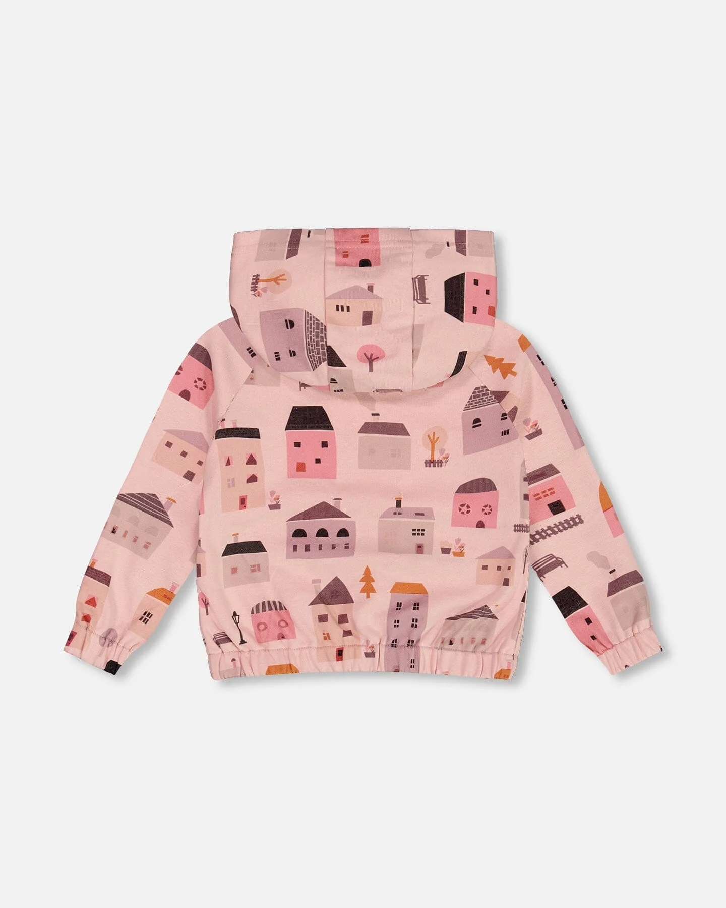 Printed French Terry Hoodie Cardigan Pink And Coral Houses