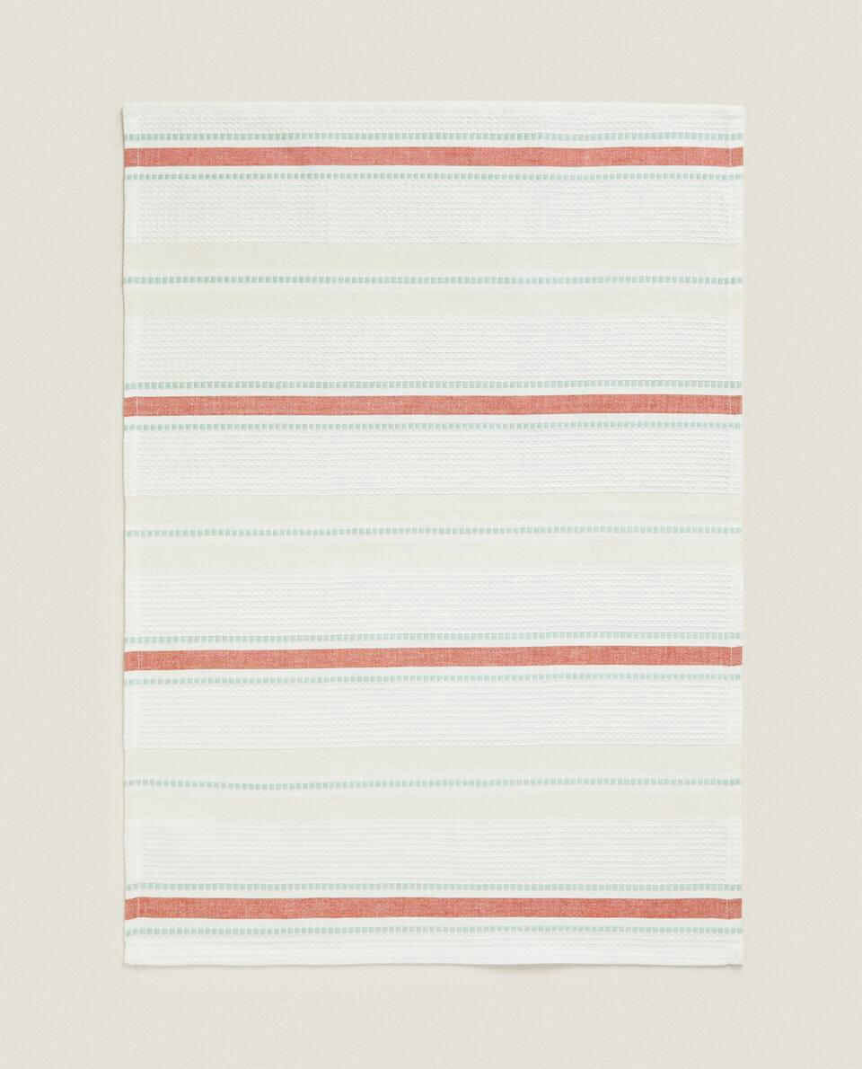 WAFFLE-KNIT COTTON TEA TOWEL WITH STRIPES (PACK OF 2)