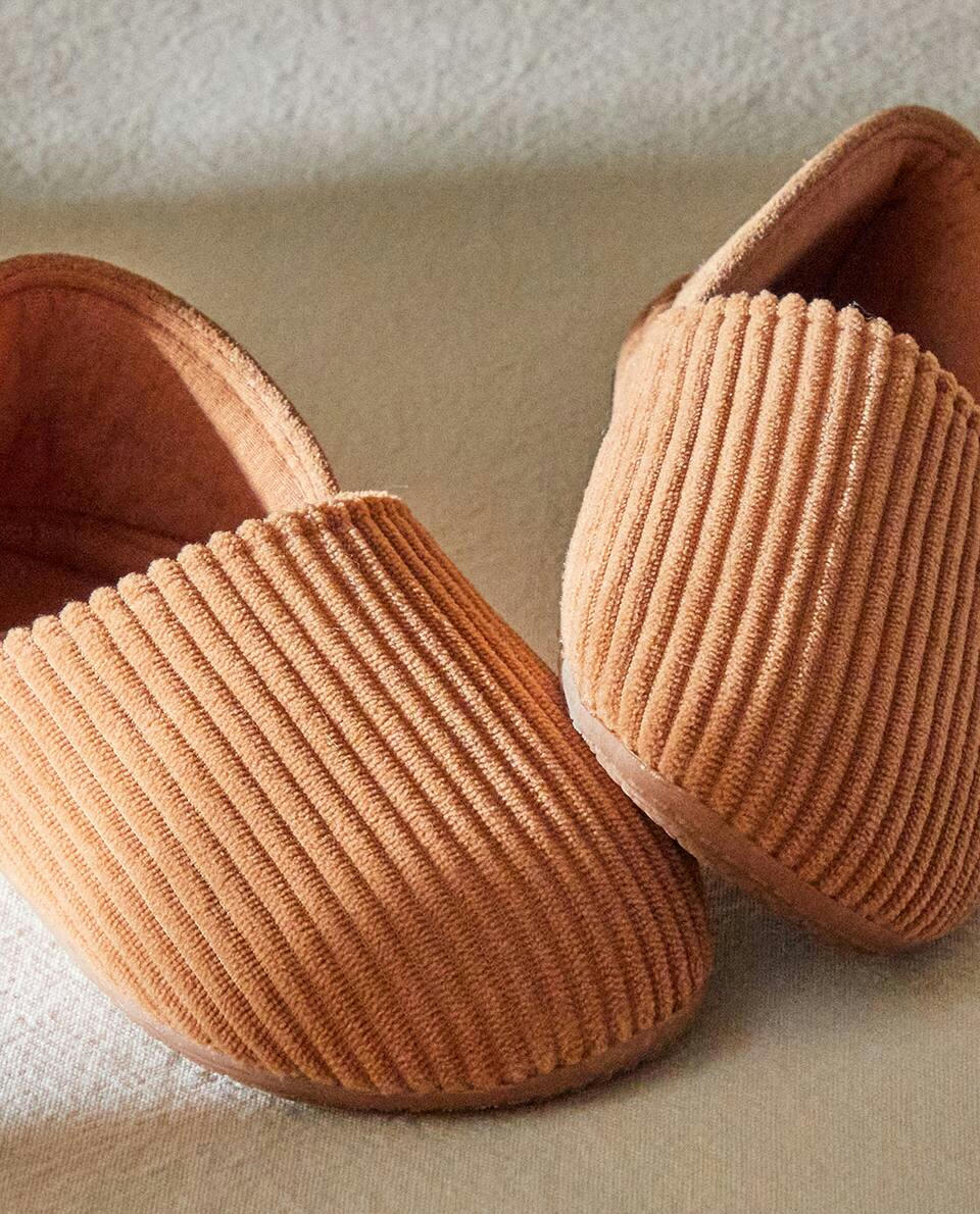CORDUROY AND LEATHER BABOUCHE SLIPPERS