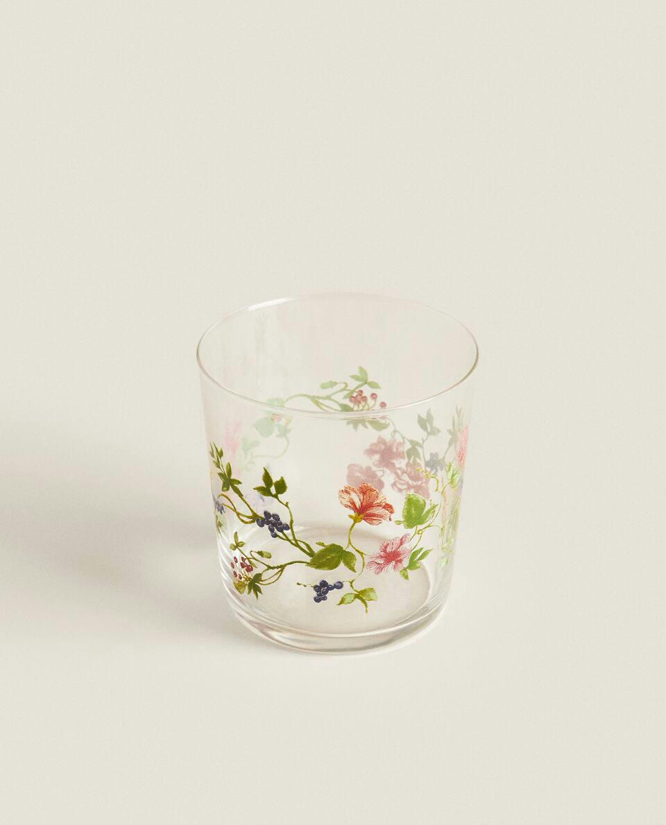GLASS TUMBLER WITH FLORAL TRANSFER