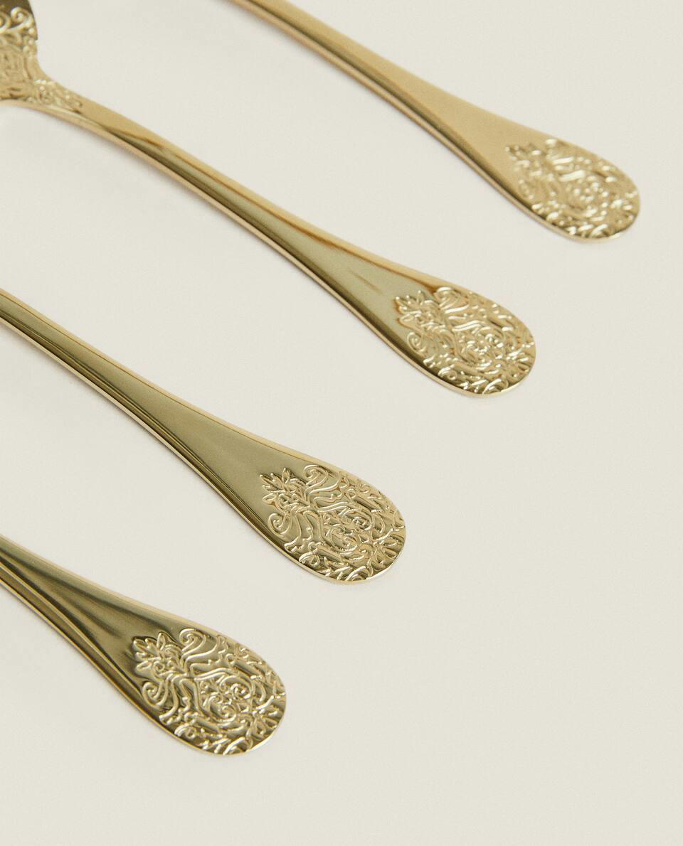 BOX OF 4 DECORATIVE ENGRAVED TEASPOONS