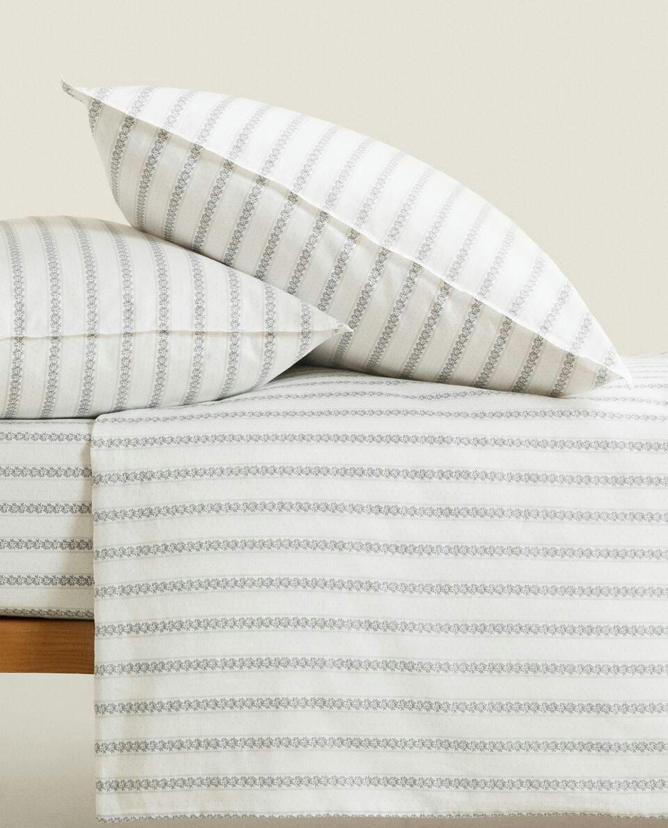 STRIPED FLORAL LINEN FITTED SHEET