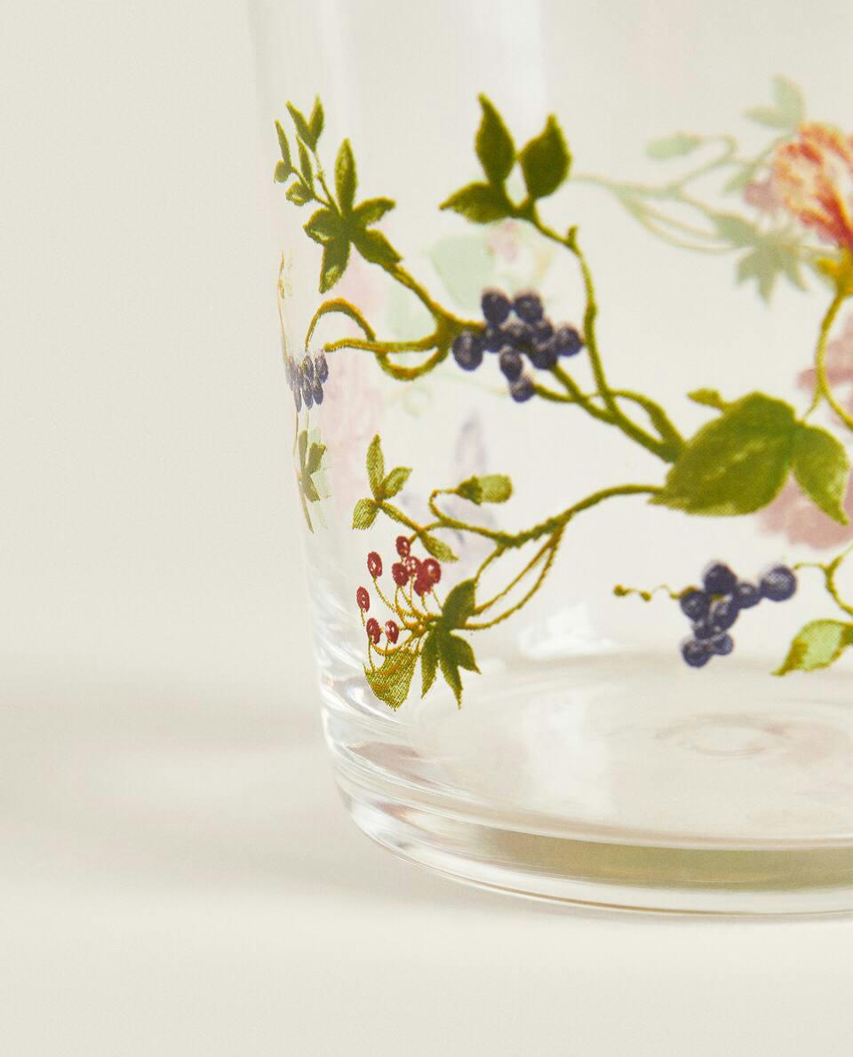 GLASS TUMBLER WITH FLORAL TRANSFER
