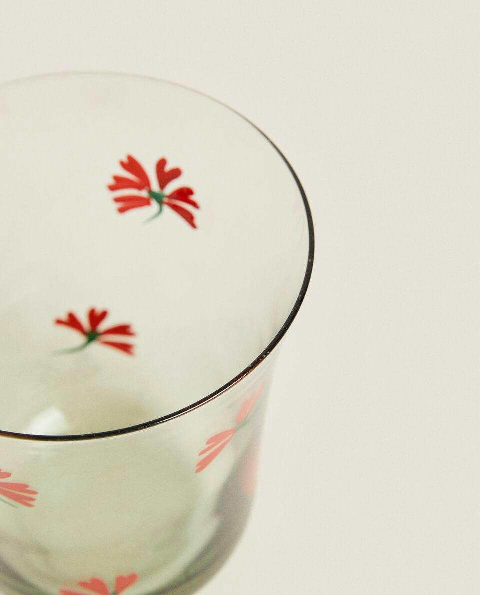 GLASS TUMBLER WITH FLORAL TRANSFER