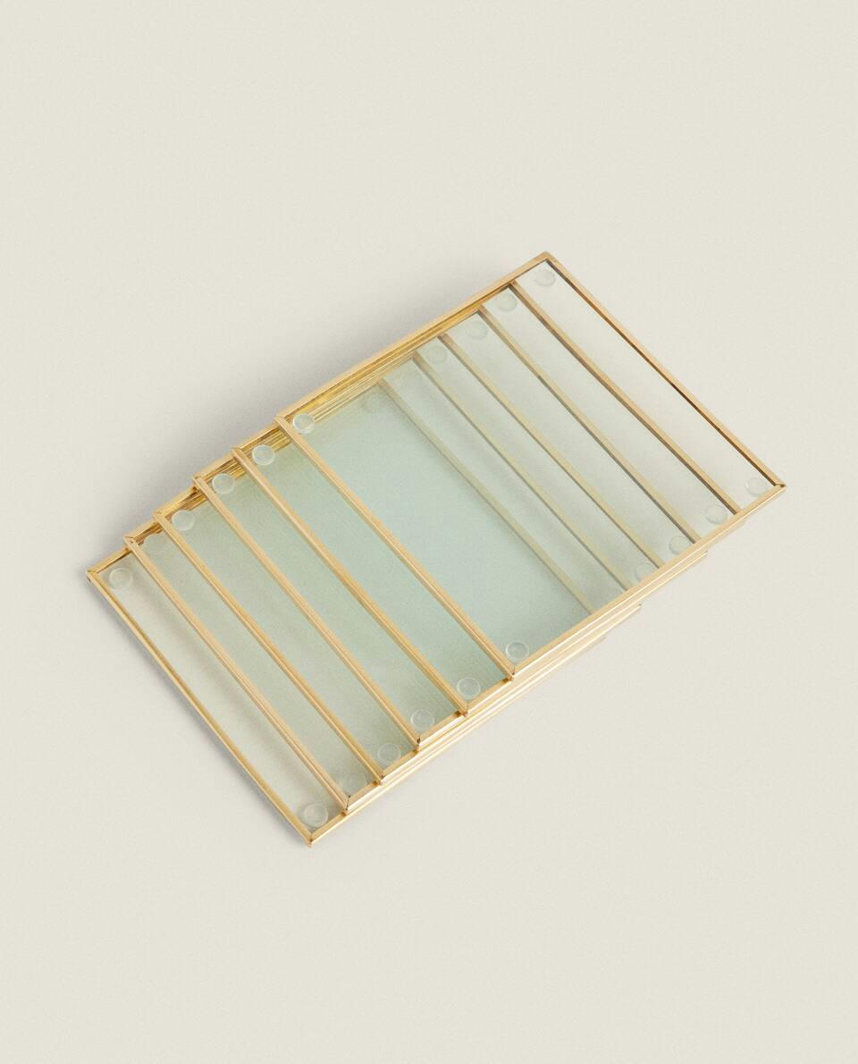 SET OF 6 GLASS COASTERS WITH METAL TRIM
