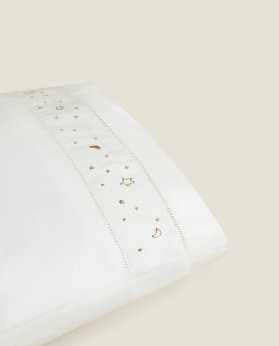 EMBROIDERED MOONS AND STARS PILLOWCASE