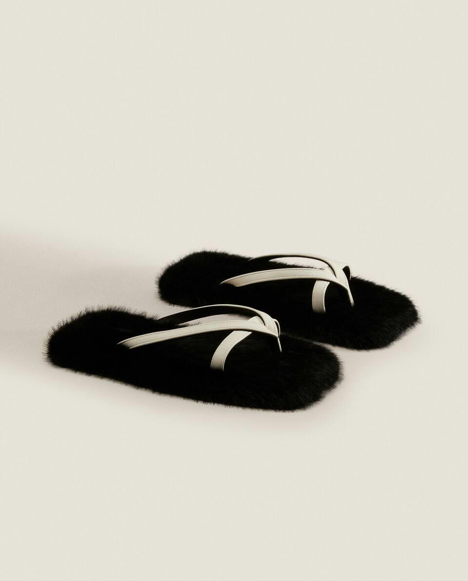 FAUX FUR SLIPPERS WITH CONTRAST STRAPS