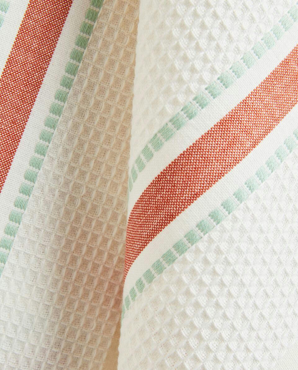 WAFFLE-KNIT COTTON TEA TOWEL WITH STRIPES (PACK OF 2)