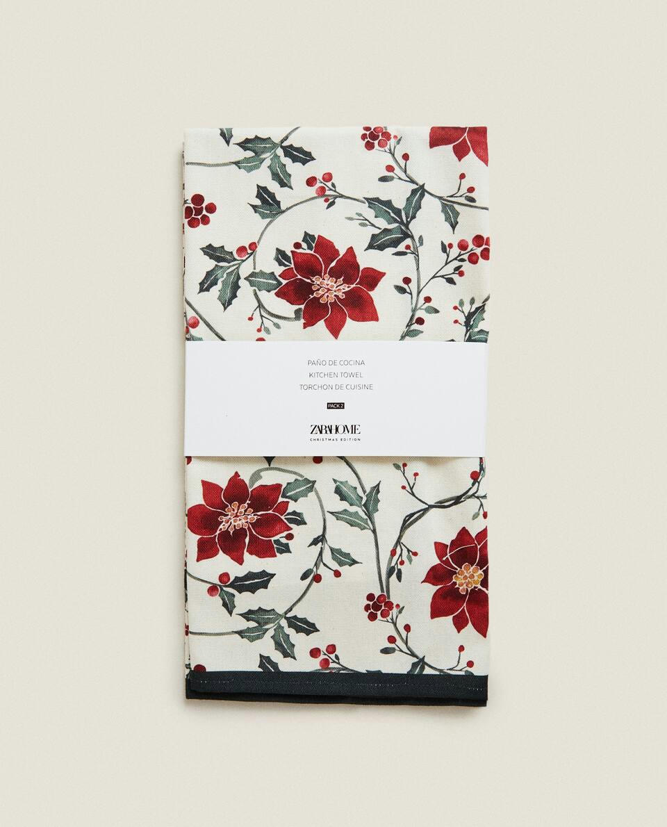 PACK OF COTTON CHRISTMAS HOLLY TEA TOWELS (PACK OF 2)