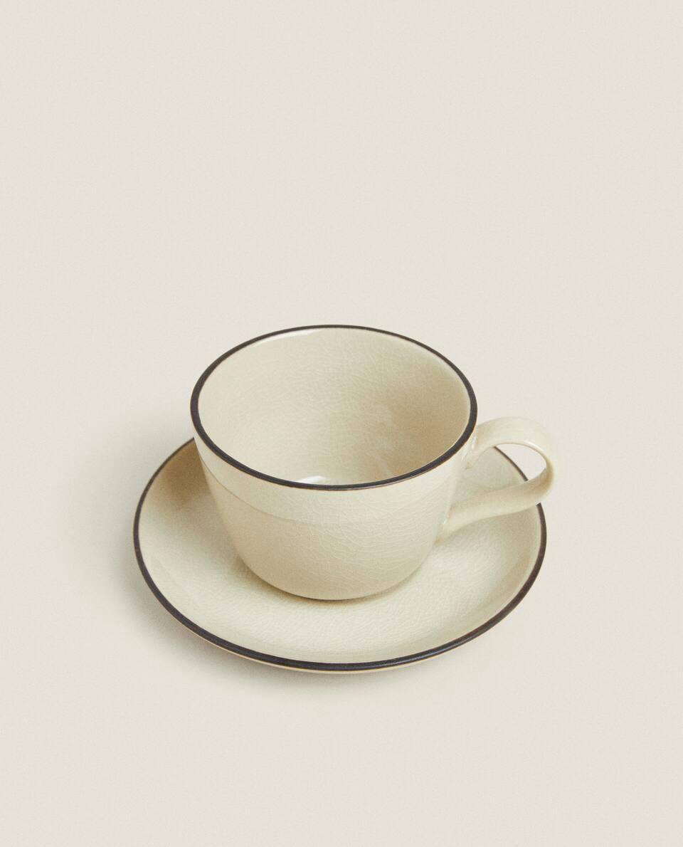 STONEWARE TEACUP WITH RIM DETAIL