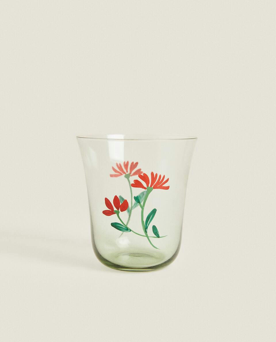 GLASS TUMBLER WITH FLORAL TRANSFER