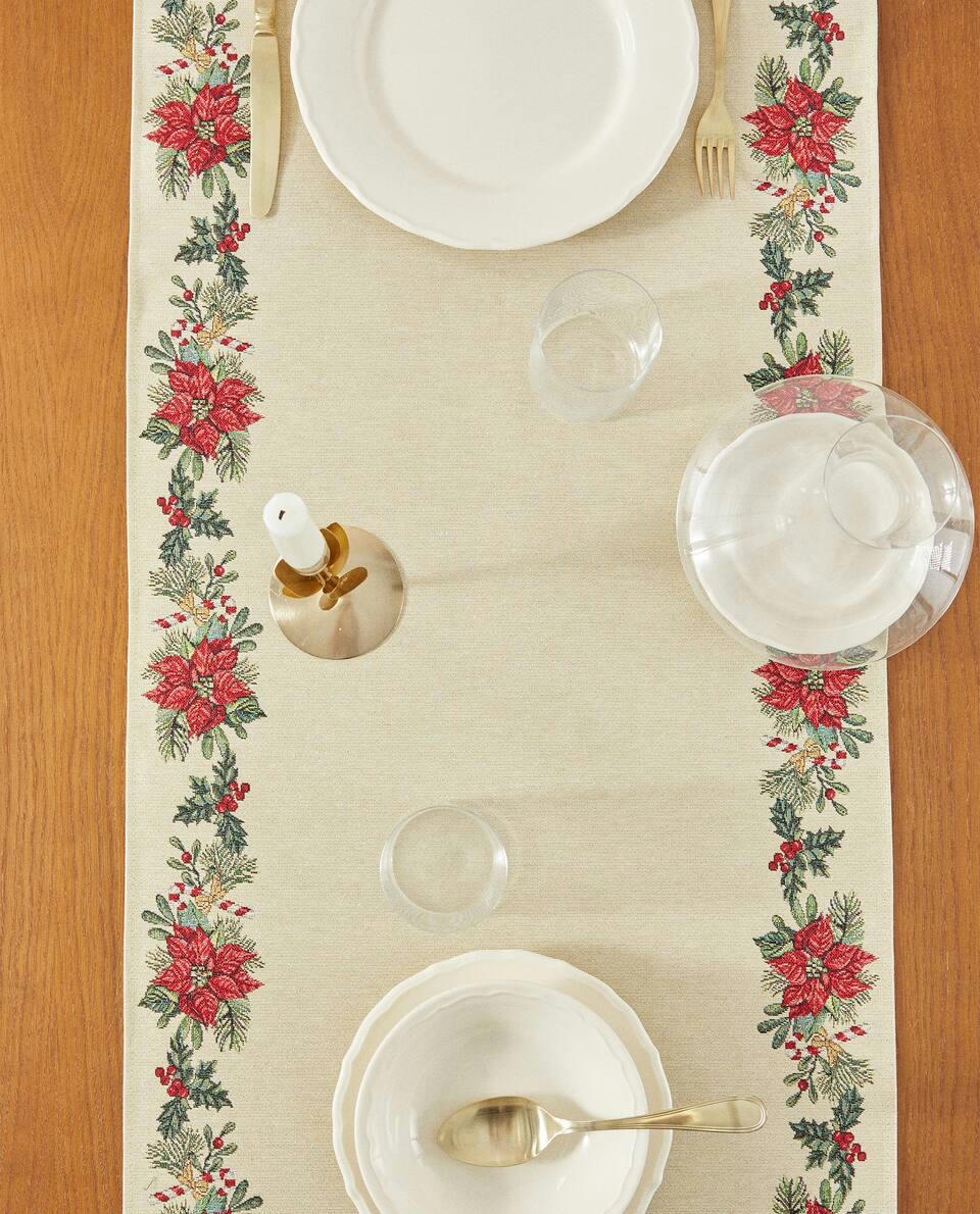 CHRISTMAS POINSETTIA JACQUARD COTTON TABLE RUNNER