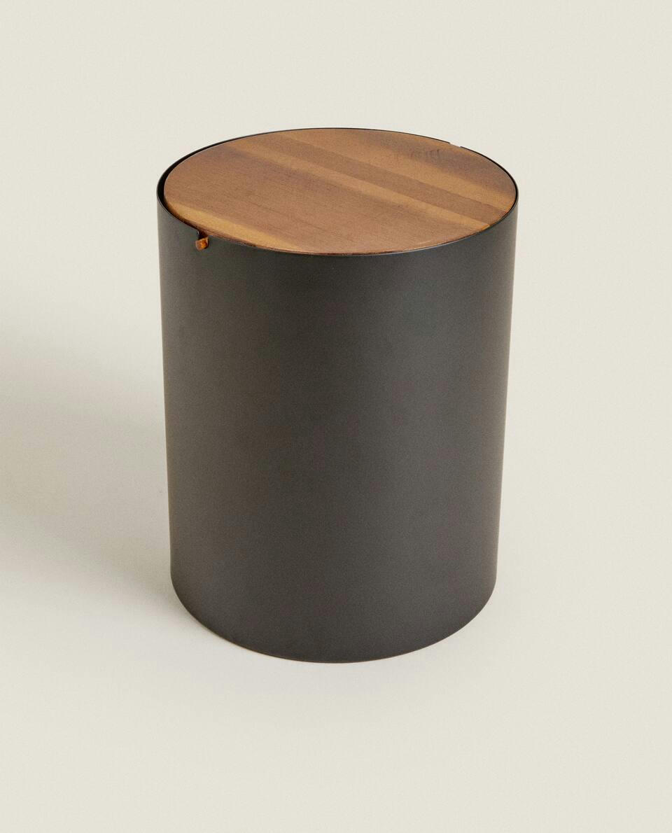 METAL BIN WITH WOOD LID