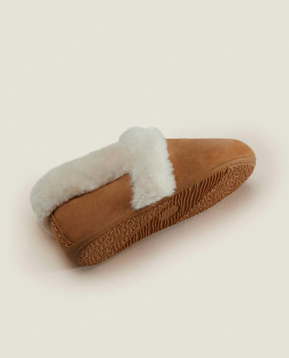 LEATHER SLIPPERS WITH FAUX FUR LINING