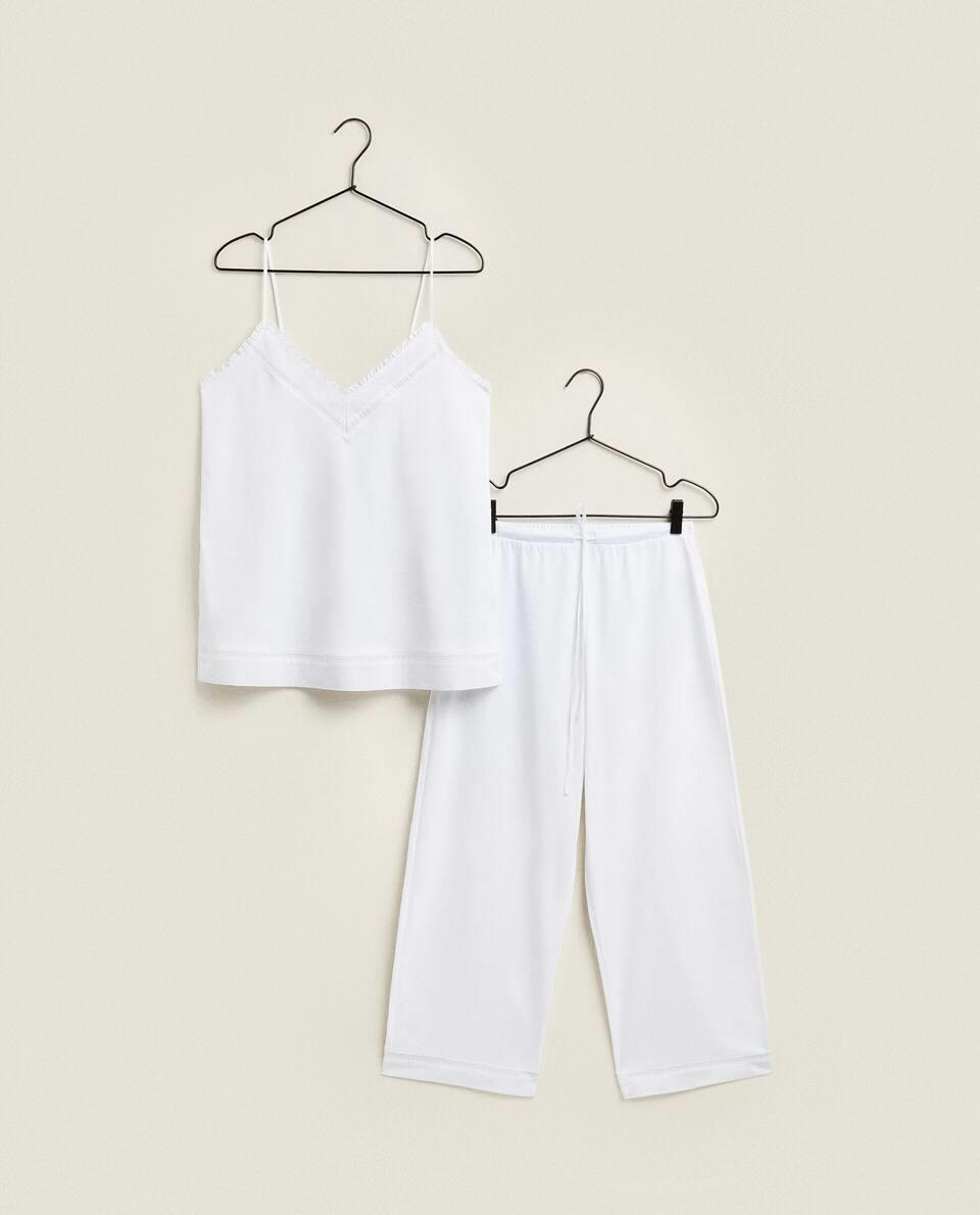 CROPPED TROUSERS WITH LACE TRIM