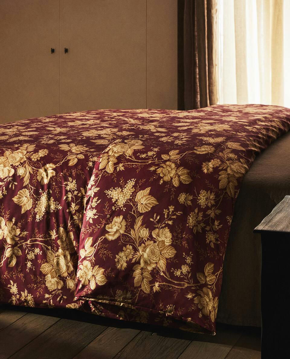 COTTON DUVET COVER WITH GOLD CHRISTMAS FLOWERS