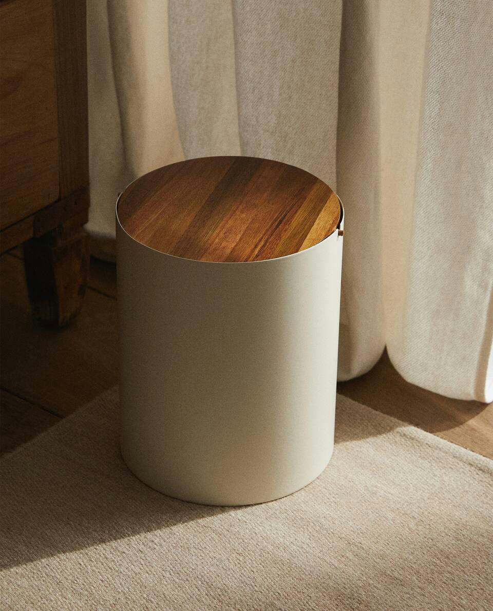 METAL BIN WITH WOOD LID