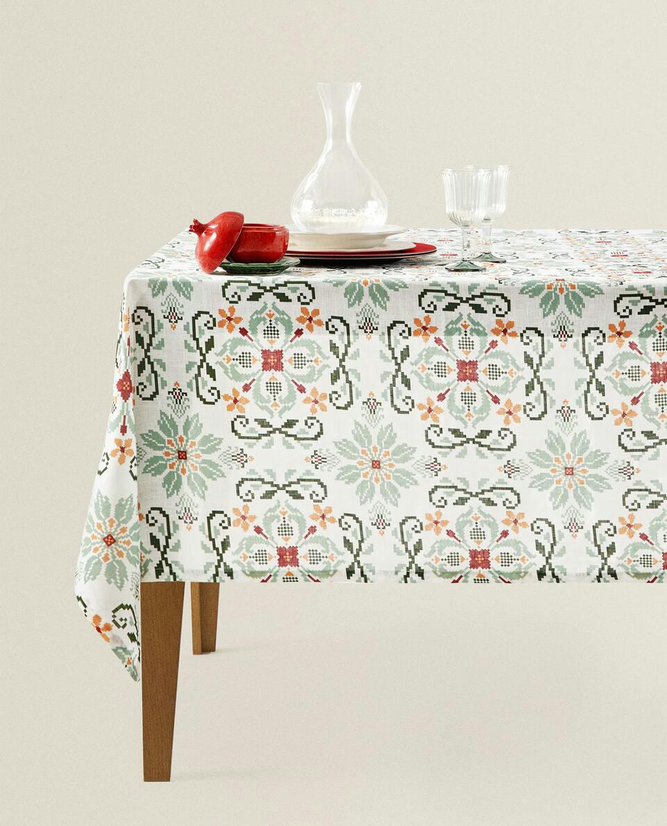 CROSS STITCH LINEN TABLECLOTH