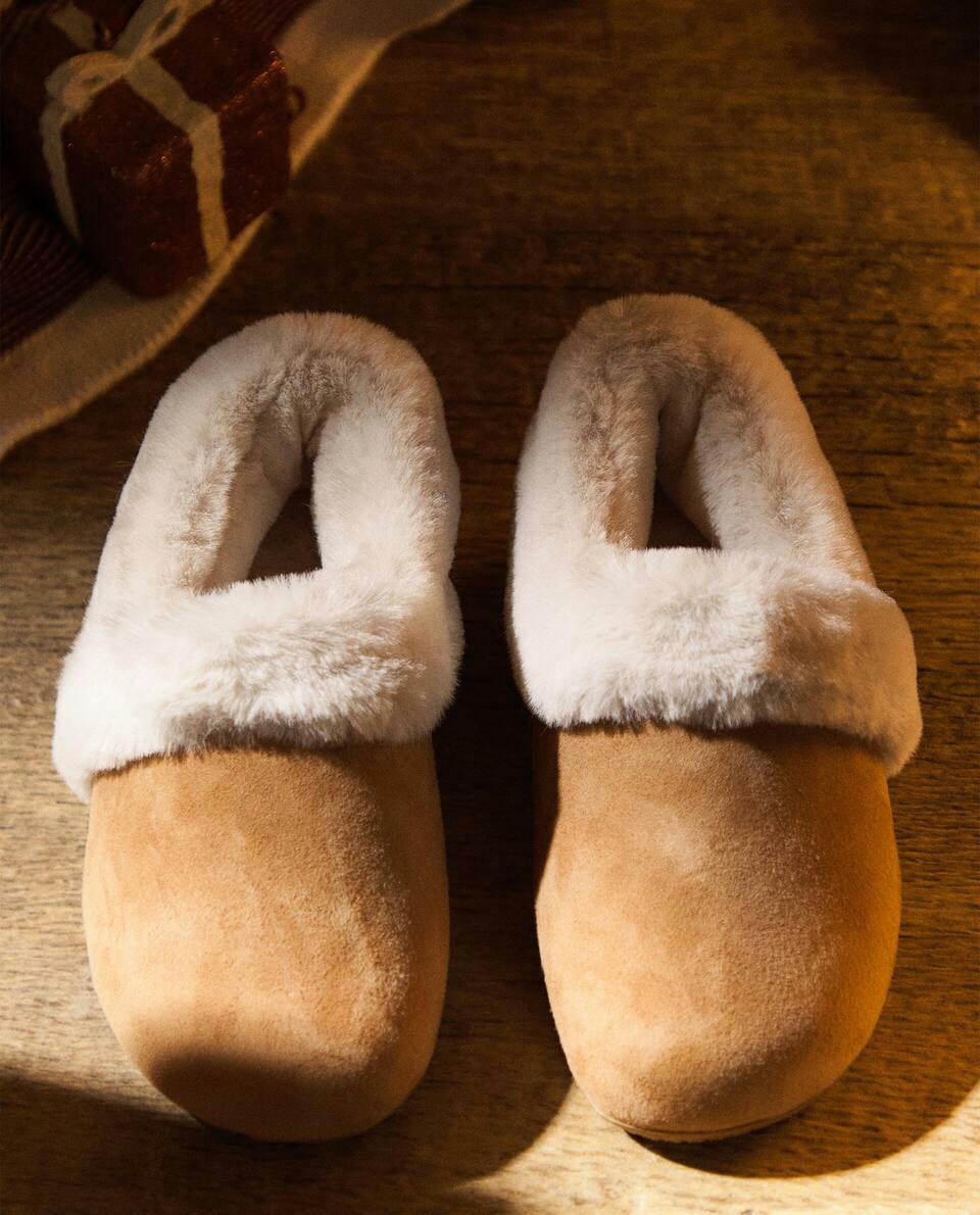 LEATHER SLIPPERS WITH FAUX FUR LINING