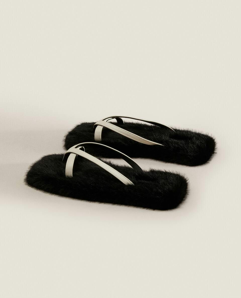 FAUX FUR SLIPPERS WITH CONTRAST STRAPS