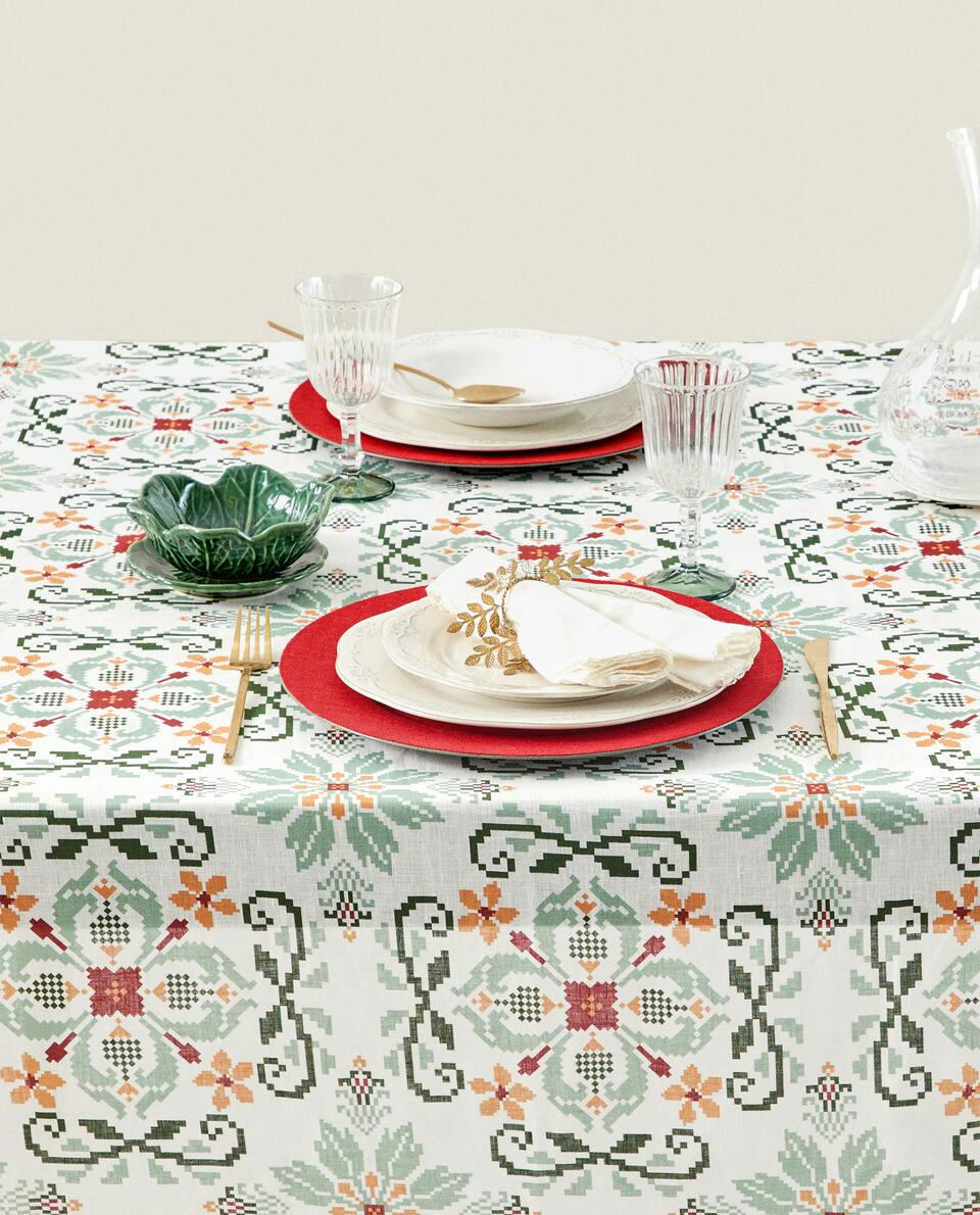 CROSS STITCH LINEN TABLECLOTH