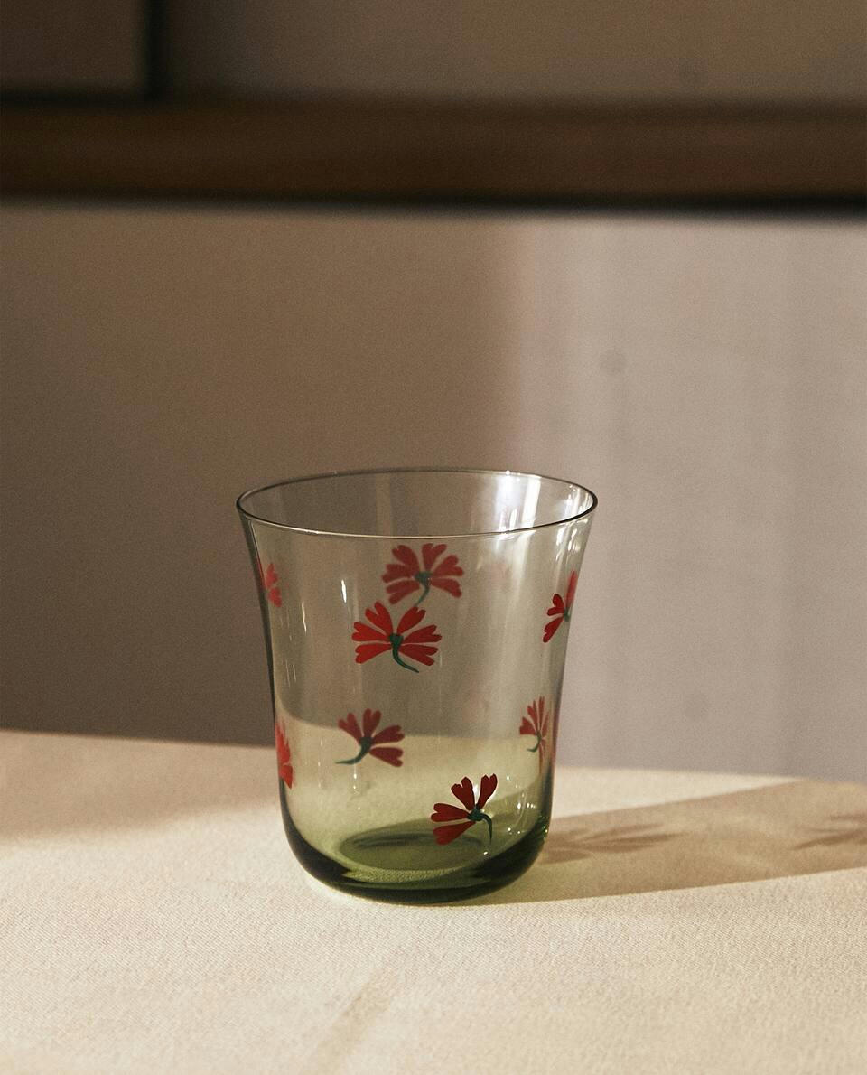 GLASS TUMBLER WITH FLORAL TRANSFER