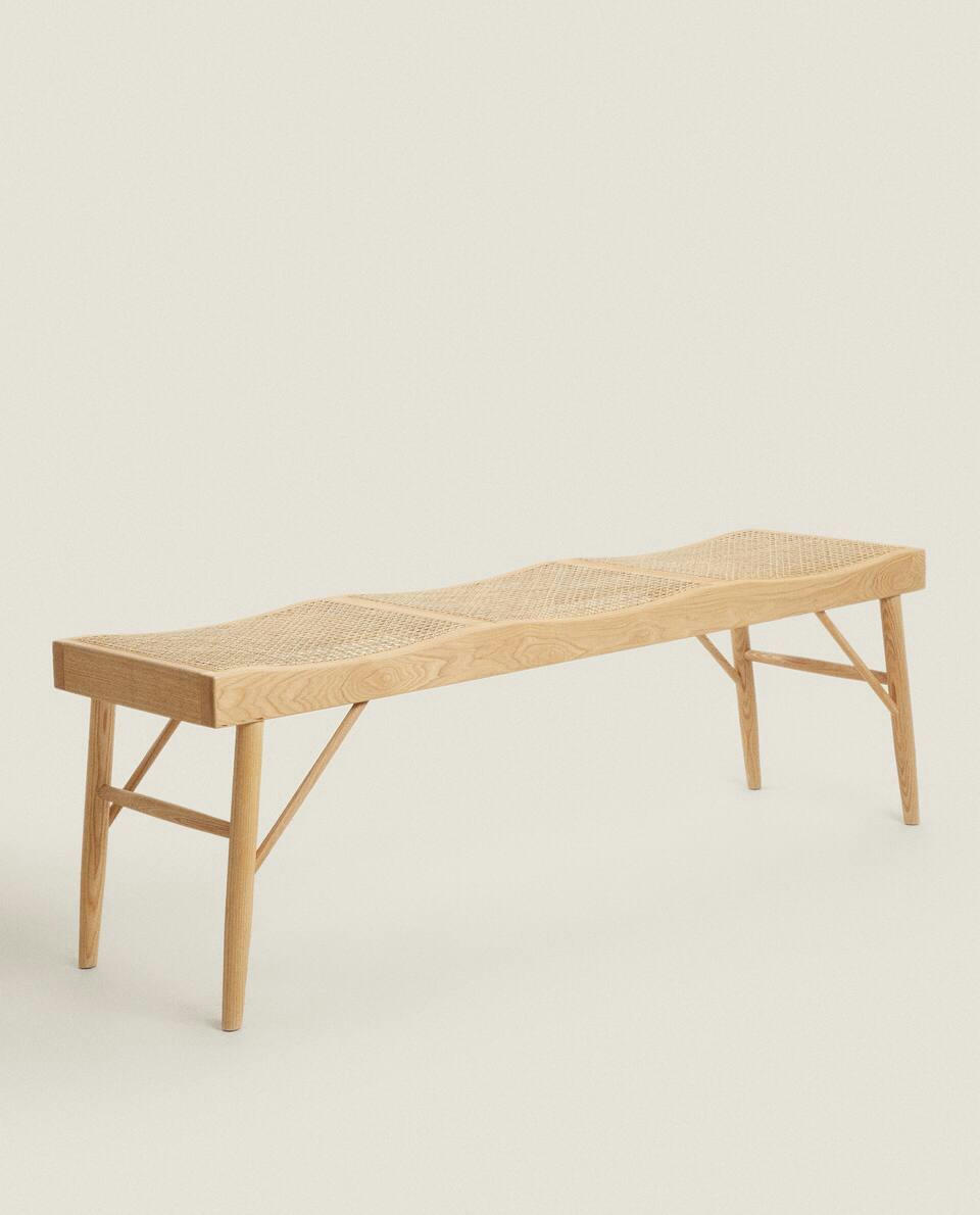 WOOD AND RATTAN BENCH