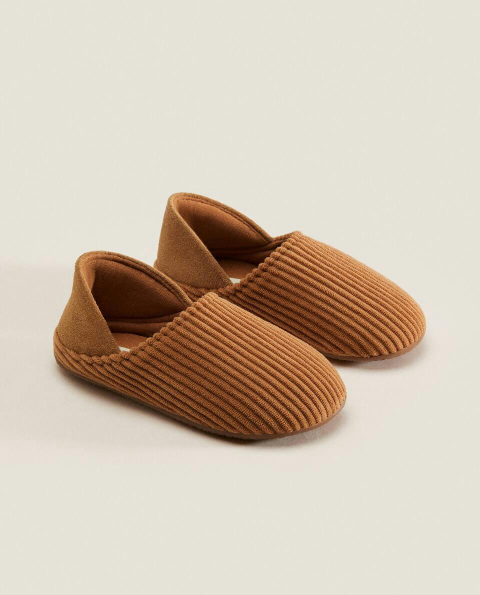 CORDUROY AND LEATHER BABOUCHE SLIPPERS