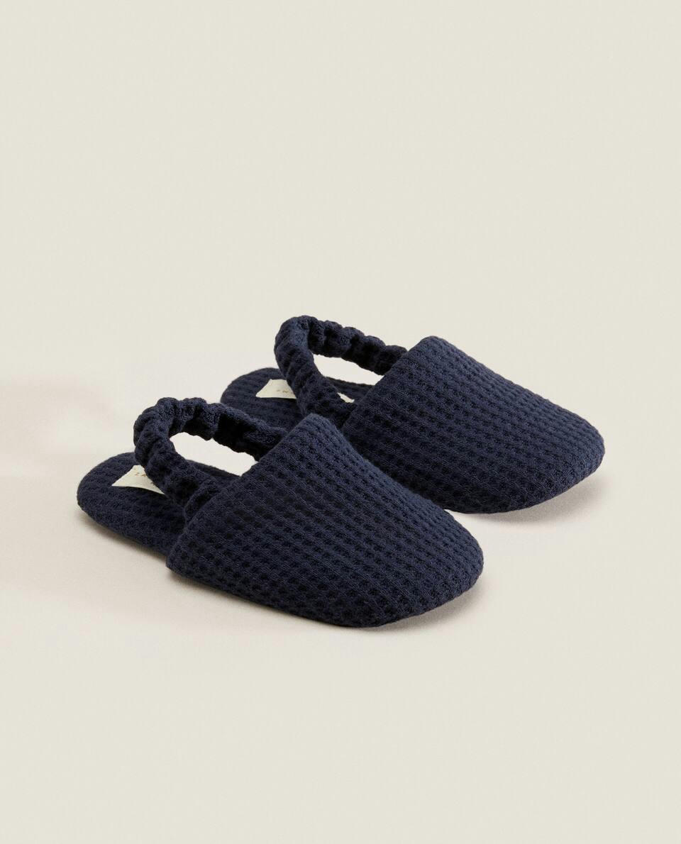 WAFFLE FABRIC MULE SLIPPERS