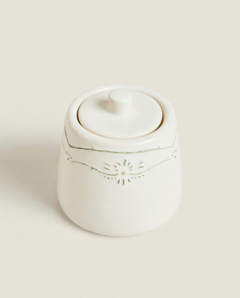EARTHENWARE SUGAR BOWL WITH RAISED CHRISTMAS DESIGN