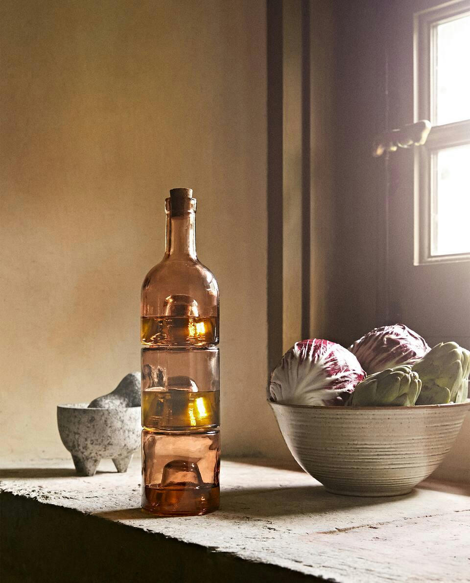 SET OF 3 GLASS CRUETS WITH CORK