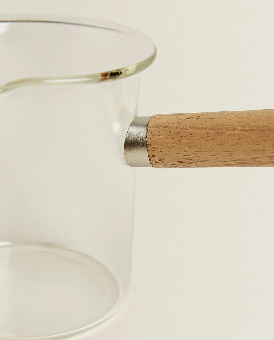 BOROSILICATE GLASS AND WOODEN MILK JUG