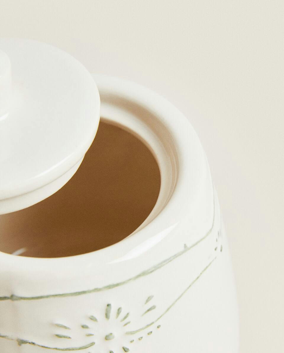 EARTHENWARE SUGAR BOWL WITH RAISED CHRISTMAS DESIGN