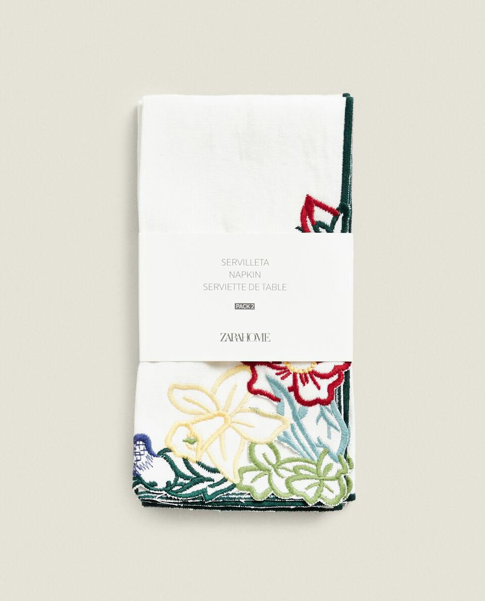 PACK OF EMBROIDERED FLORAL RAMIE NAPKINS (PACK OF 2)