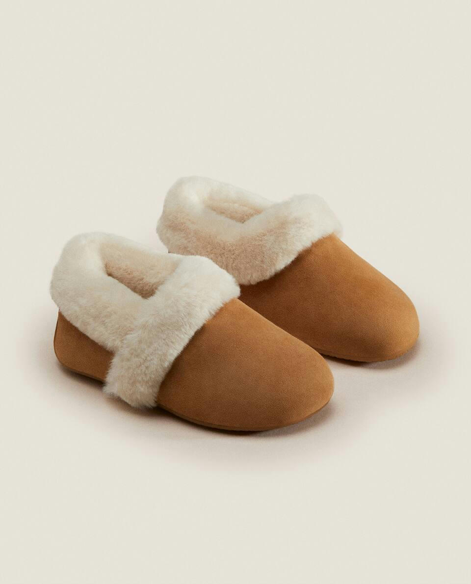 LEATHER SLIPPERS WITH FAUX FUR LINING