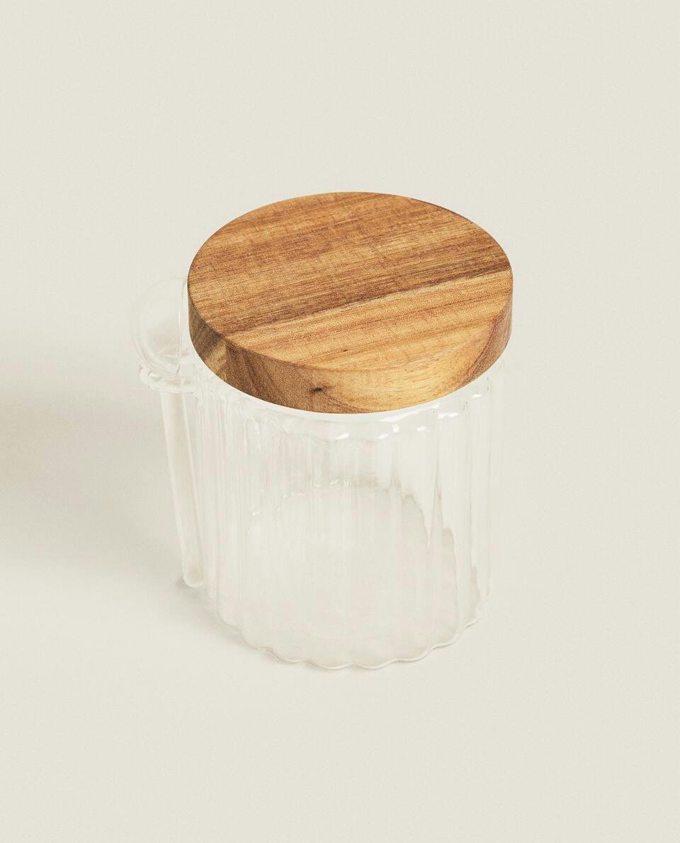BOROSILICATE GLASS AND WOODEN SUGAR BOWL