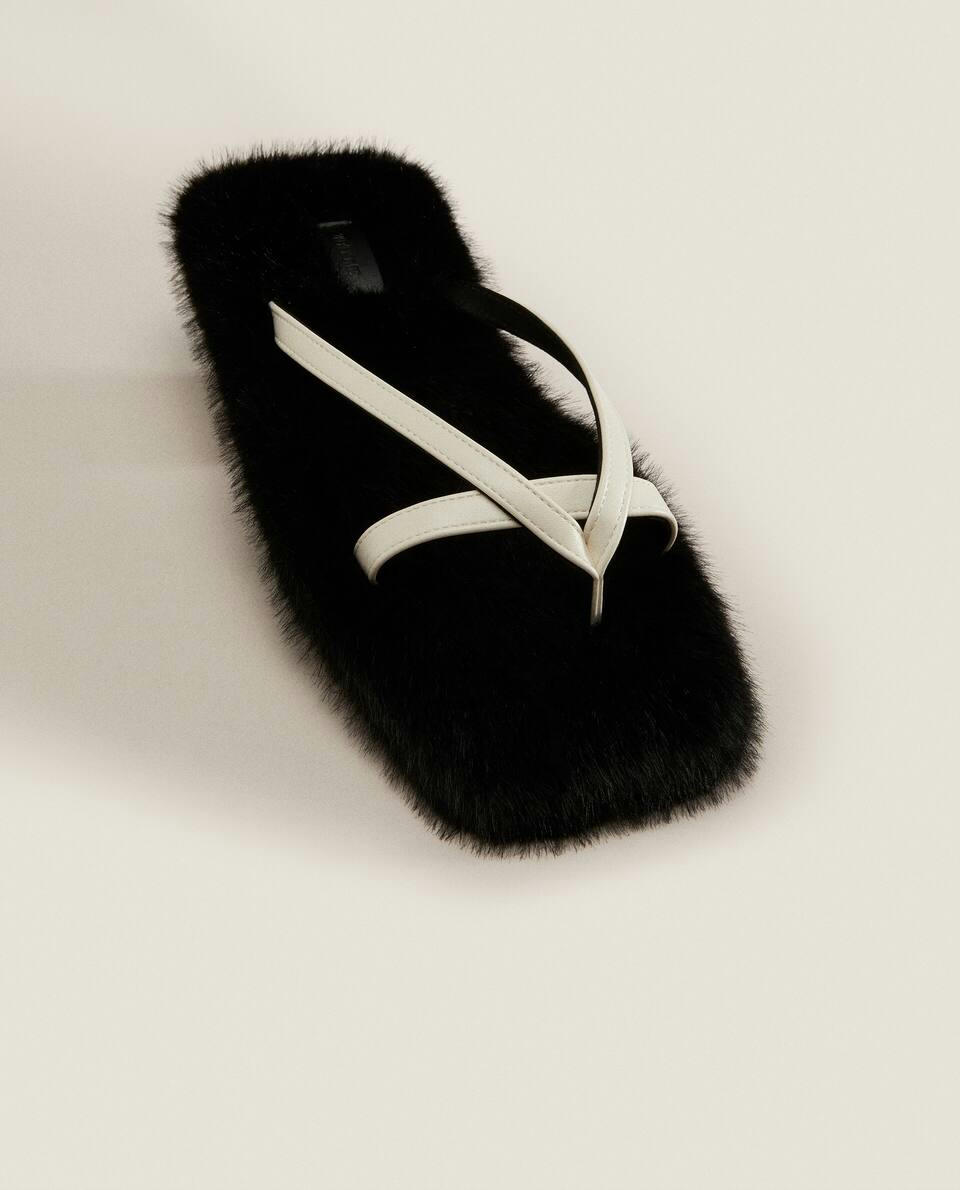 FAUX FUR SLIPPERS WITH CONTRAST STRAPS