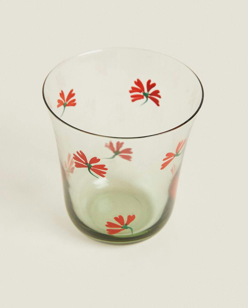 GLASS TUMBLER WITH FLORAL TRANSFER