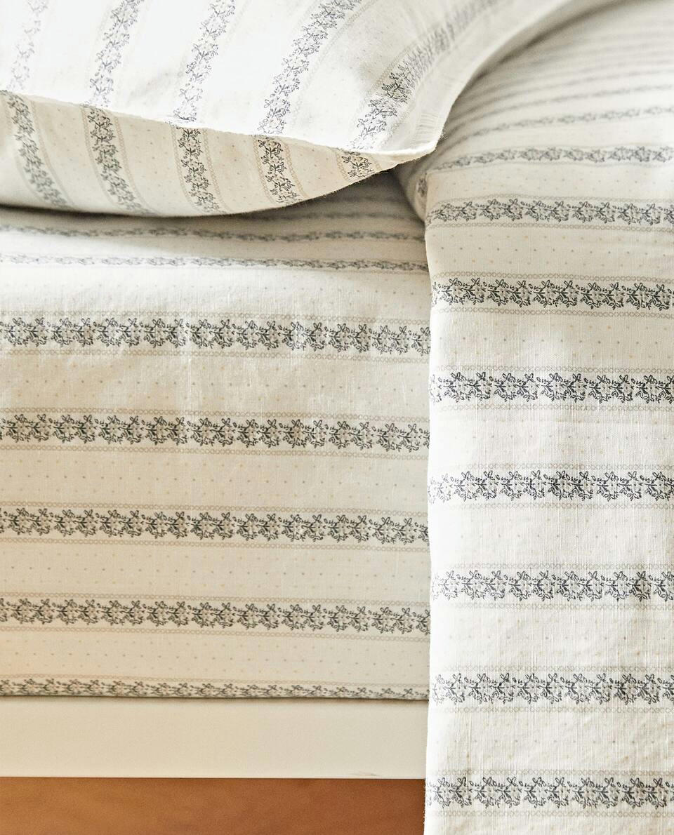 STRIPED FLORAL LINEN FITTED SHEET