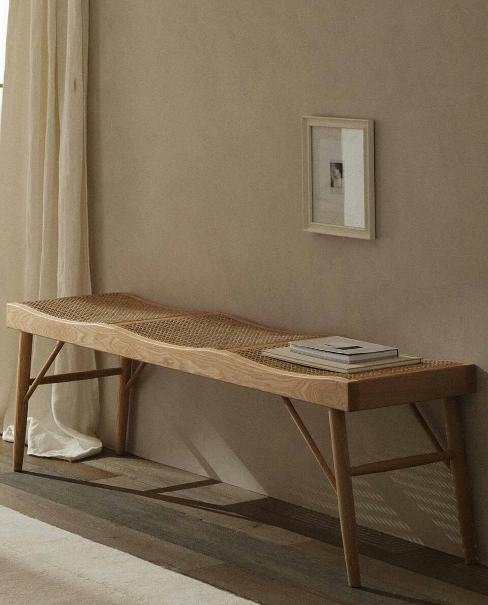 WOOD AND RATTAN BENCH